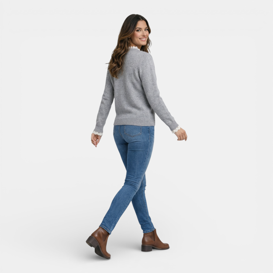 Sweater - Henley button front lace trim - Mary Feels