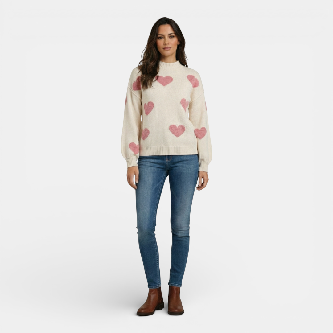 Sweater - Mock Neck Heart Pattern Bishop Sleeve - Mary Feels