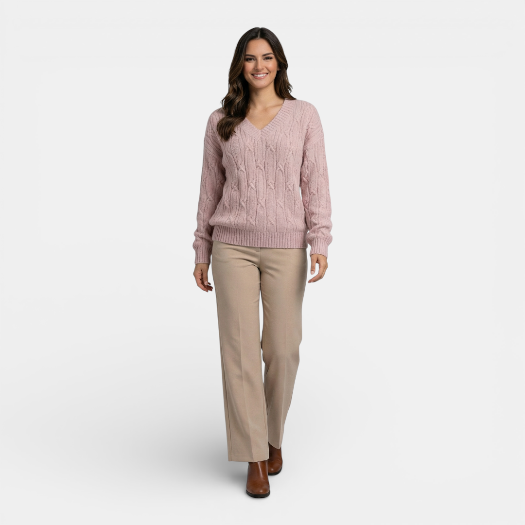 Sweater - V-neck Relaxed Fit Cable Knit - Mary Feels