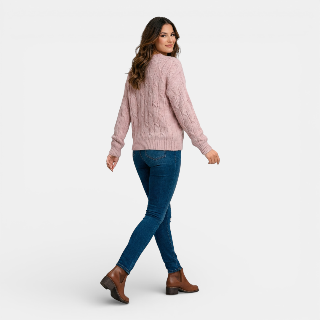 Sweater - V-neck Relaxed Fit Cable Knit - Mary Feels