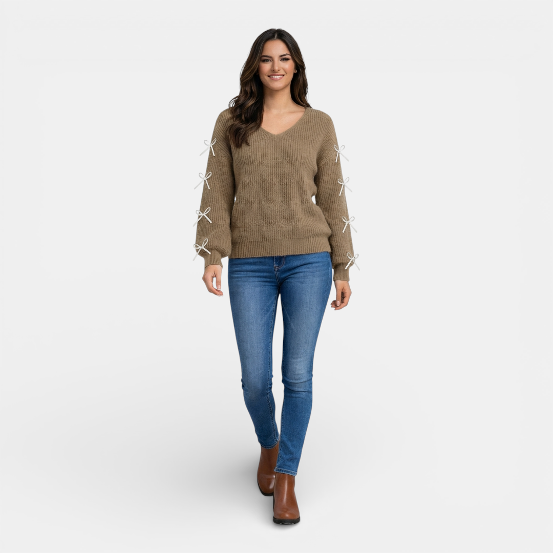 Sweater - V-neck Ribbed Knit Bow Sleeve Detail - Mary Feels