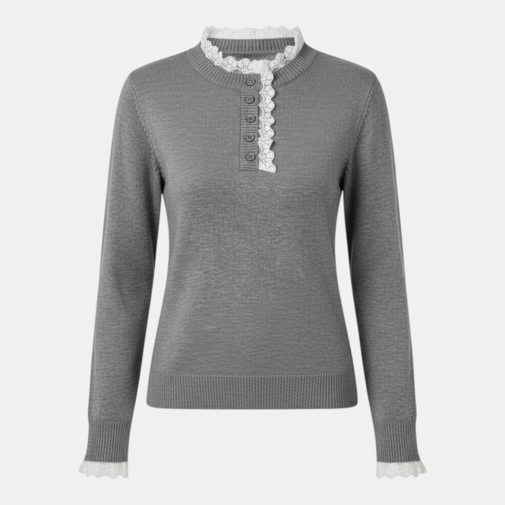 Sweater - Henley button front lace trim - Mary Feels