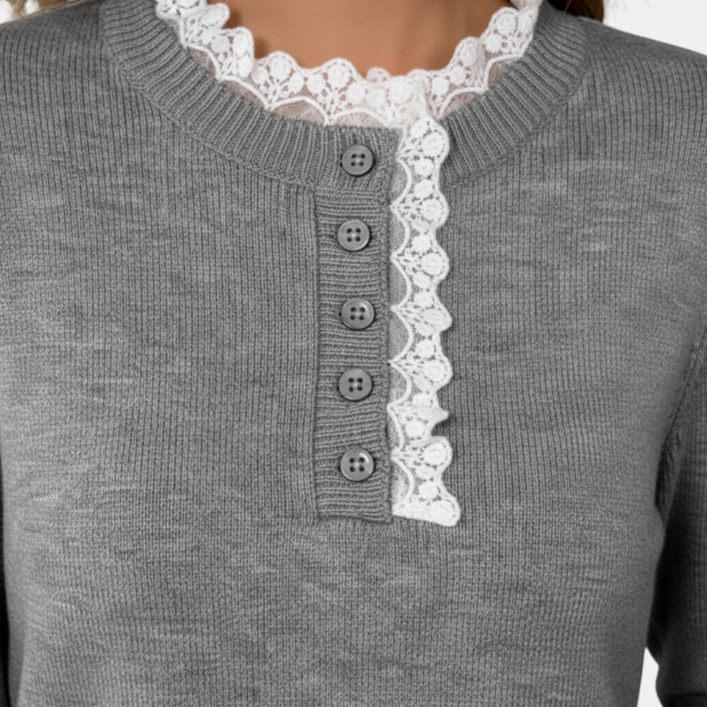 Sweater - Henley button front lace trim - Mary Feels