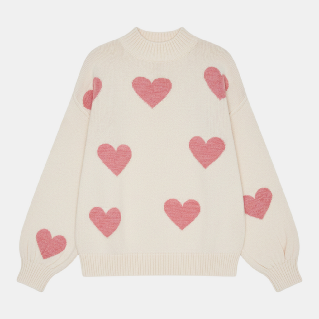 Sweater - Mock Neck Heart Pattern Bishop Sleeve - Mary Feels