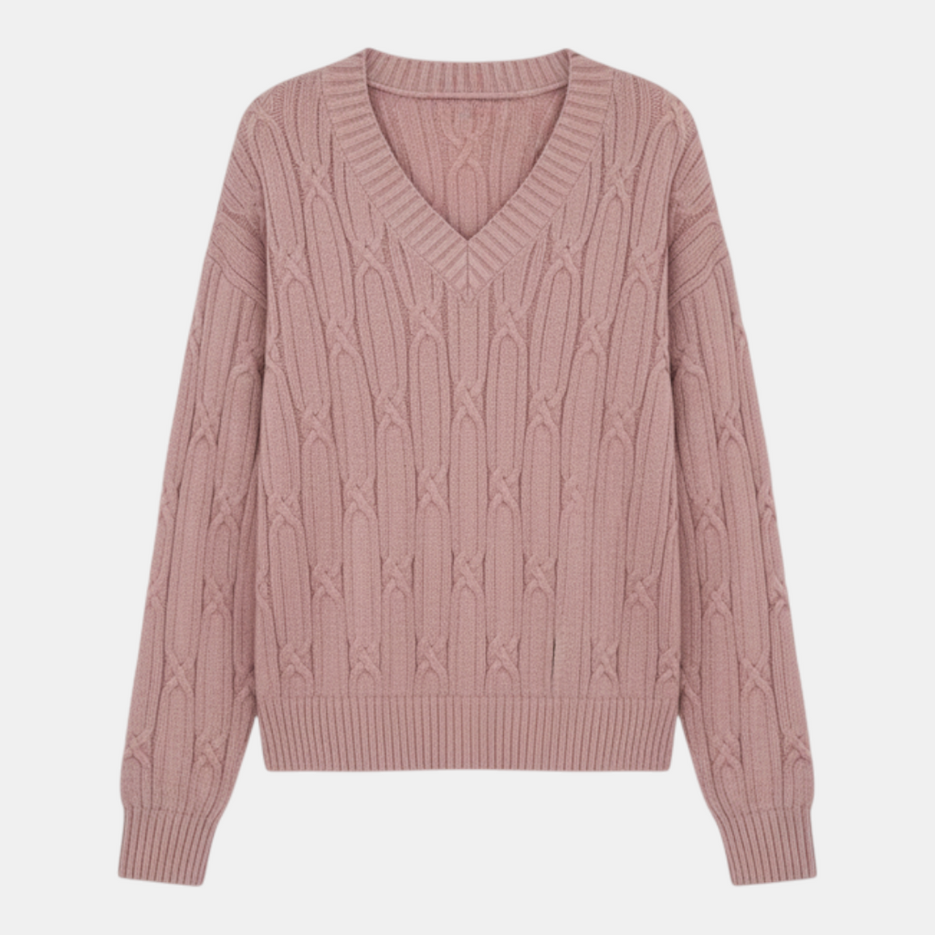 Sweater - V-neck Relaxed Fit Cable Knit - Mary Feels