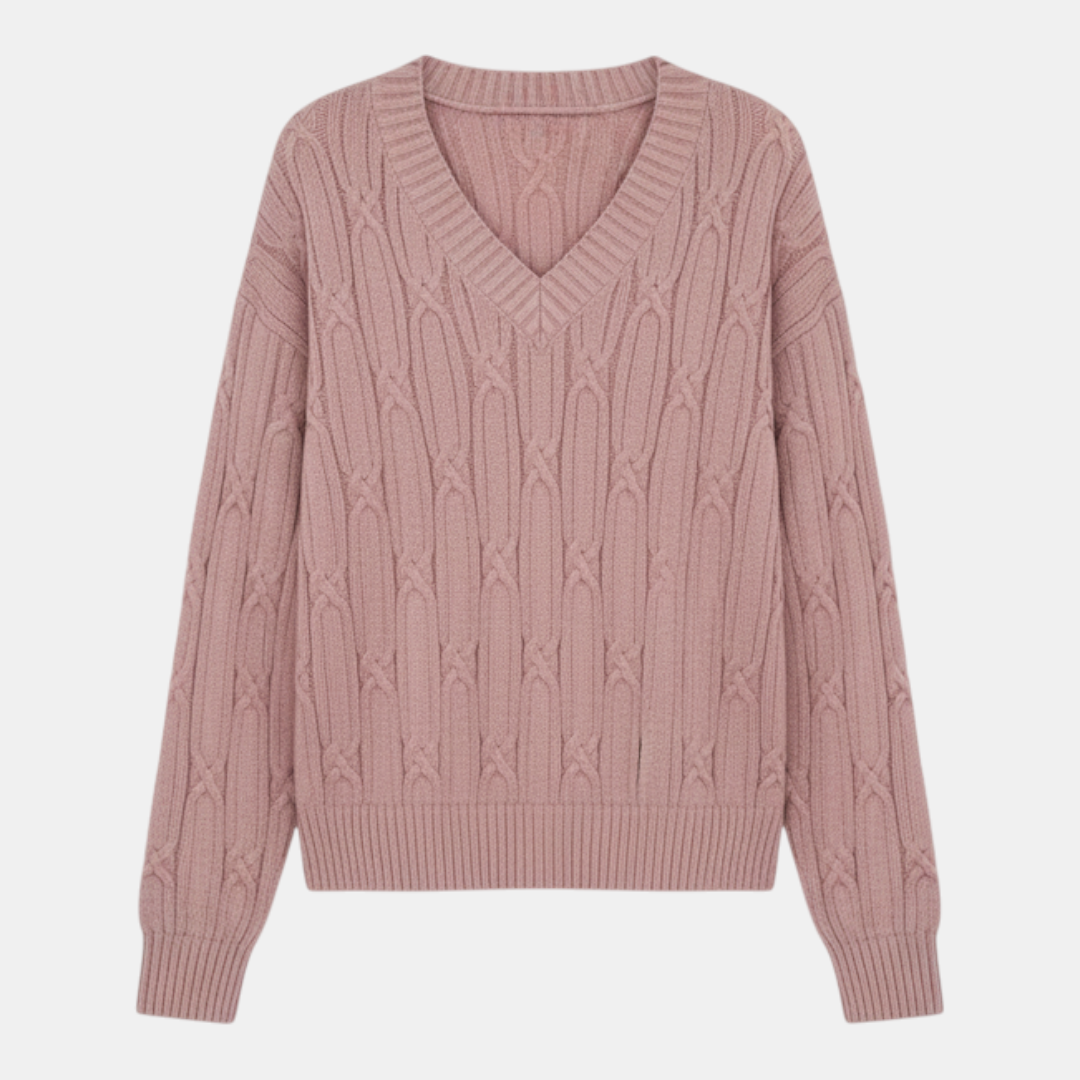 Sweater - V-neck Relaxed Fit Cable Knit - Mary Feels