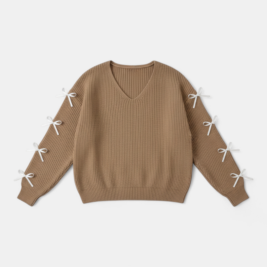 Sweater - V-neck Ribbed Knit Bow Sleeve Detail - Mary Feels