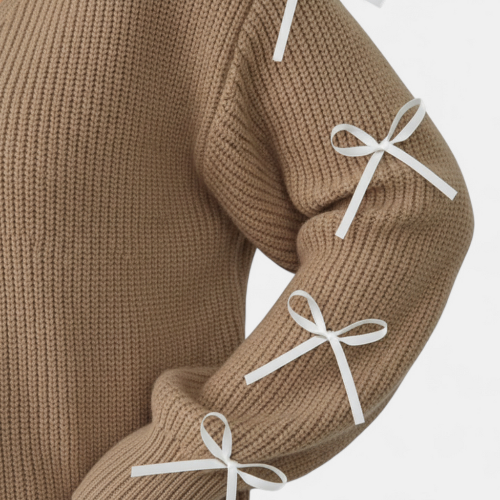 Sweater - V-neck Ribbed Knit Bow Sleeve Detail - Mary Feels