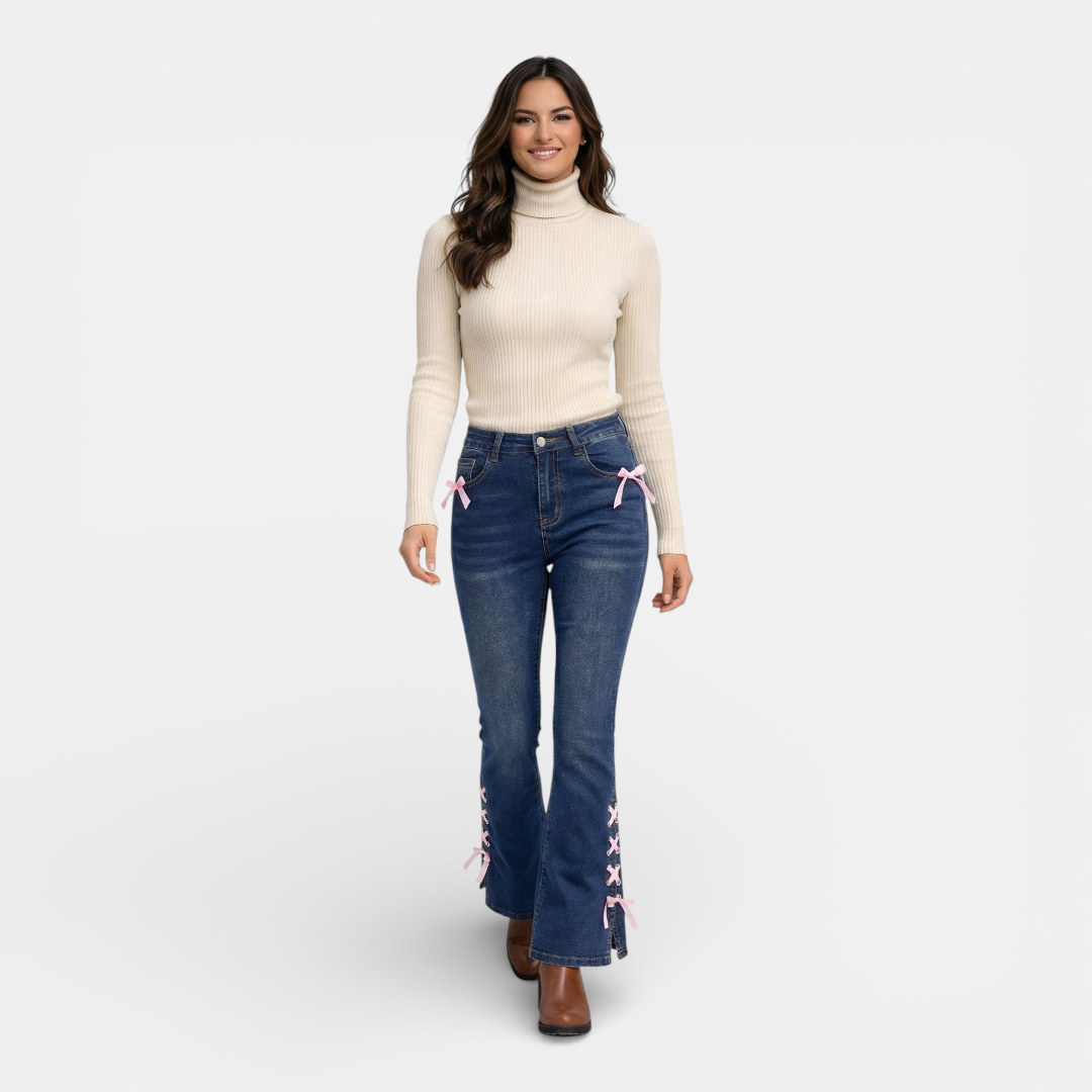 Women's Flared Jeans - High Waist Pink Ribbon Accents - Mary Feels