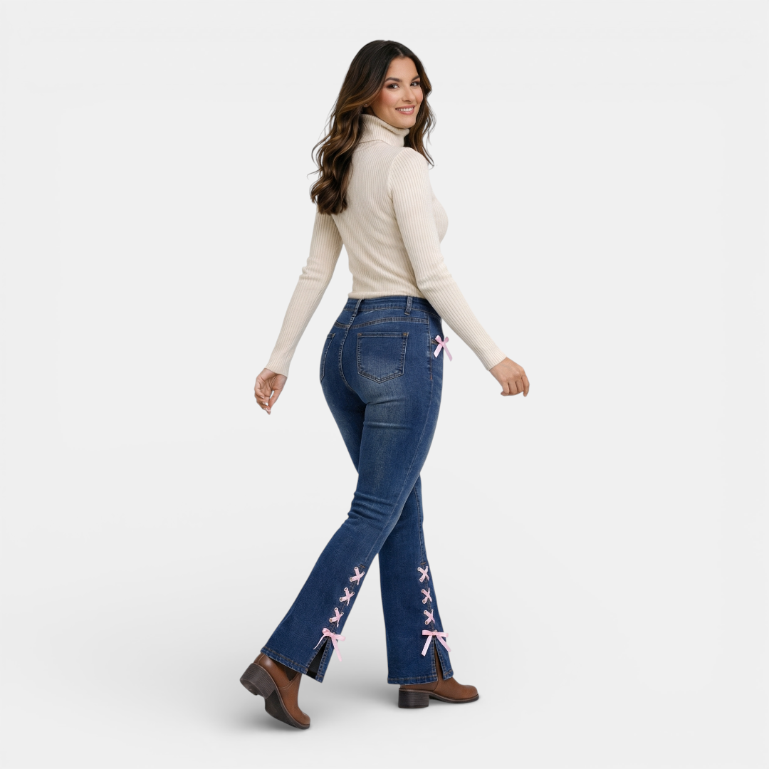 Women's Flared Jeans - High Waist Pink Ribbon Accents - Mary Feels