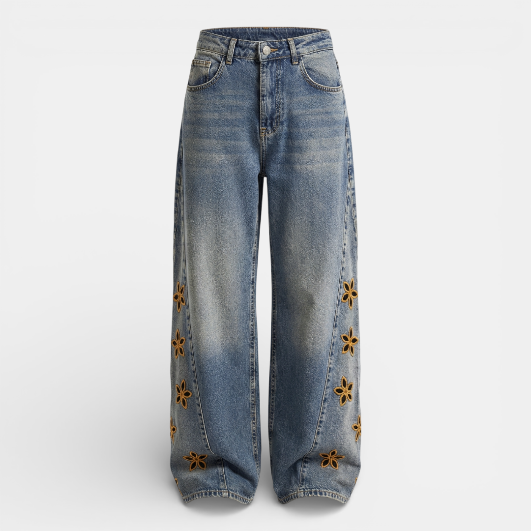 Women's Jeans - High Waist Wide Leg Floral Applique - Mary Feels
