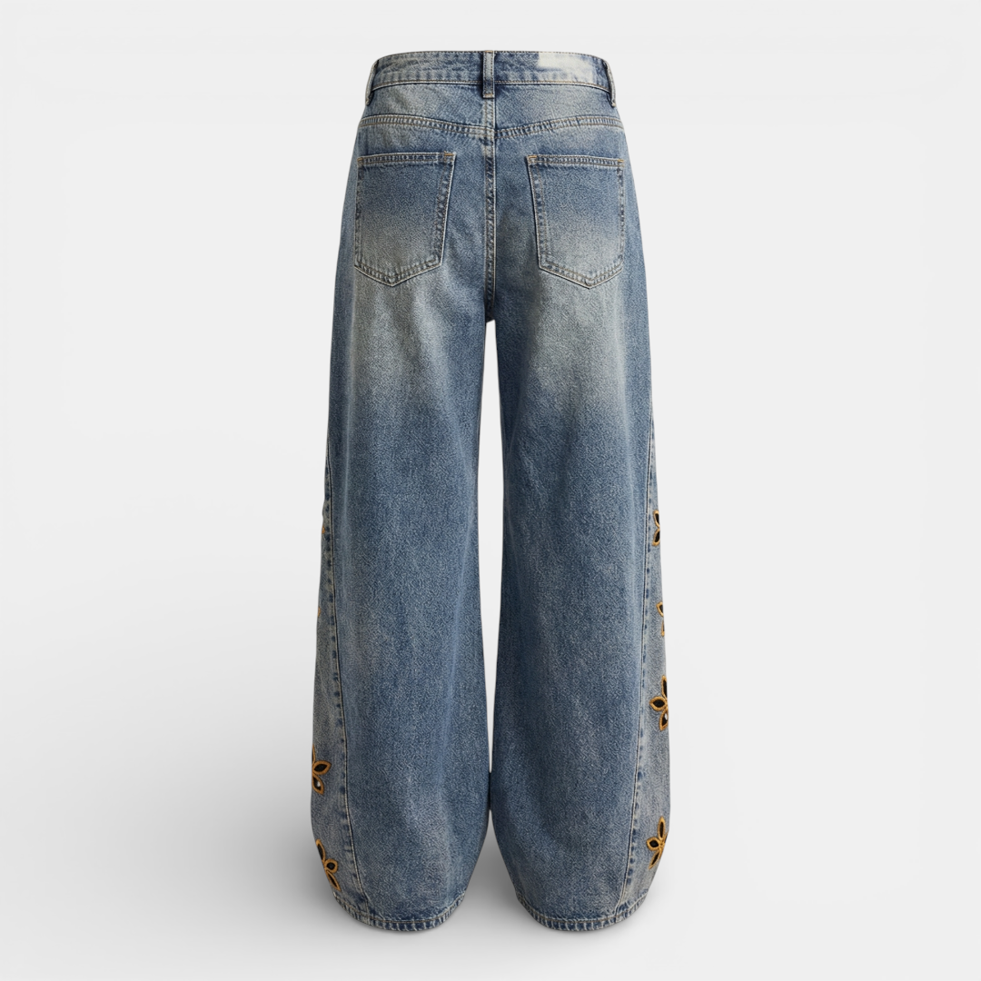 Women's Jeans - High Waist Wide Leg Floral Applique - Mary Feels