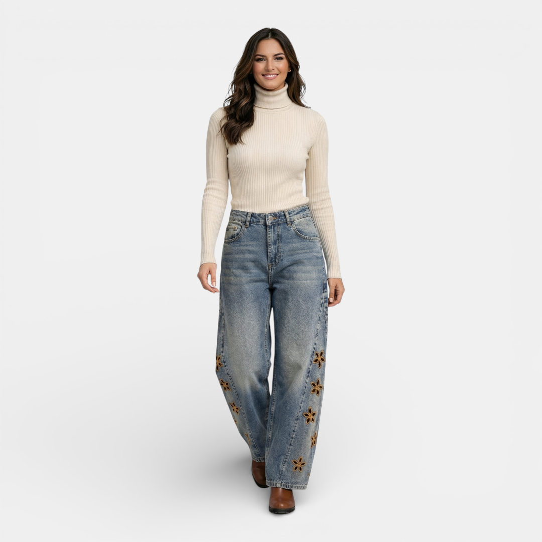 Women's Jeans - High Waist Wide Leg Floral Applique - Mary Feels