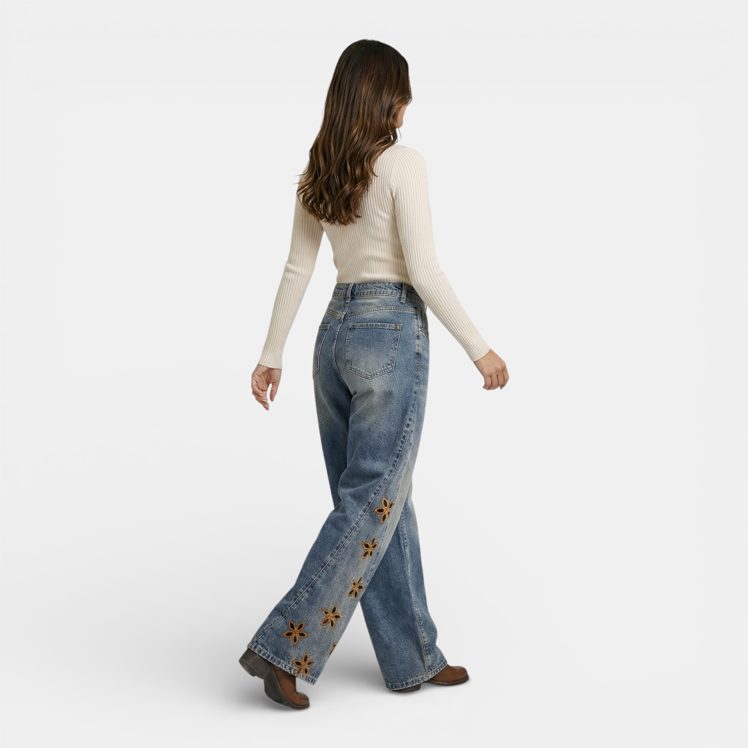 Women's Jeans - High Waist Wide Leg Floral Applique - Mary Feels