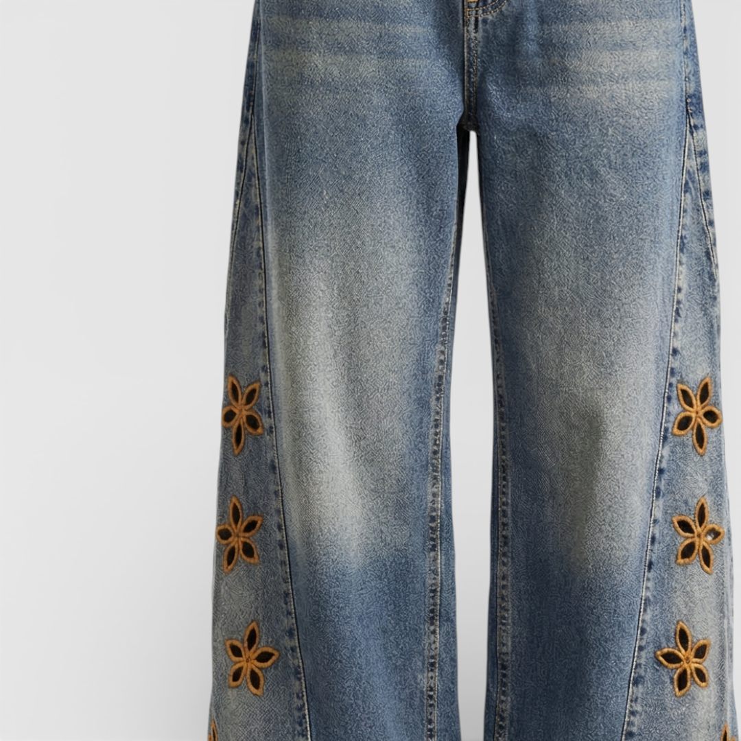 Women's Jeans - High Waist Wide Leg Floral Applique - Mary Feels