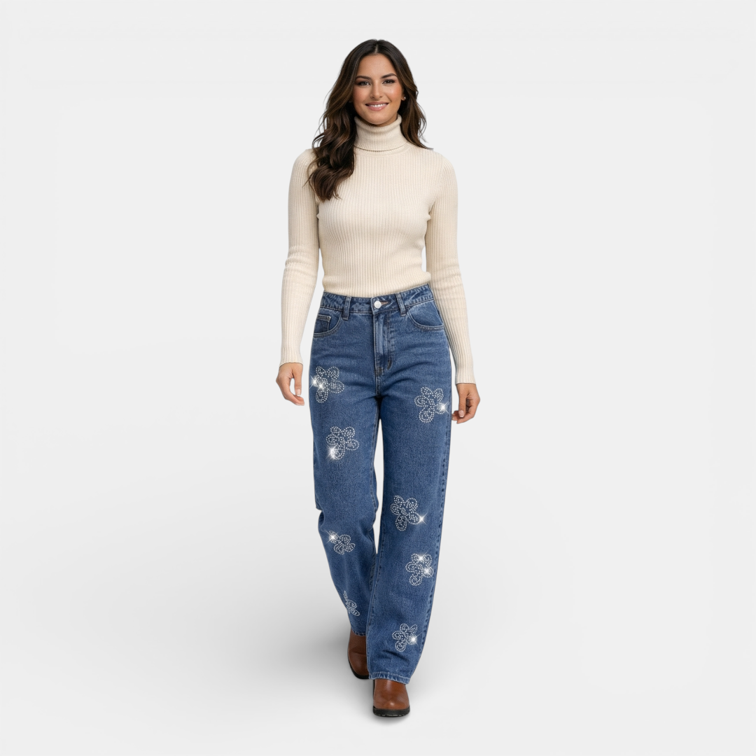 Women's Jeans - High Waist Wide Leg Rhinestone Flower Pattern - Mary Feels