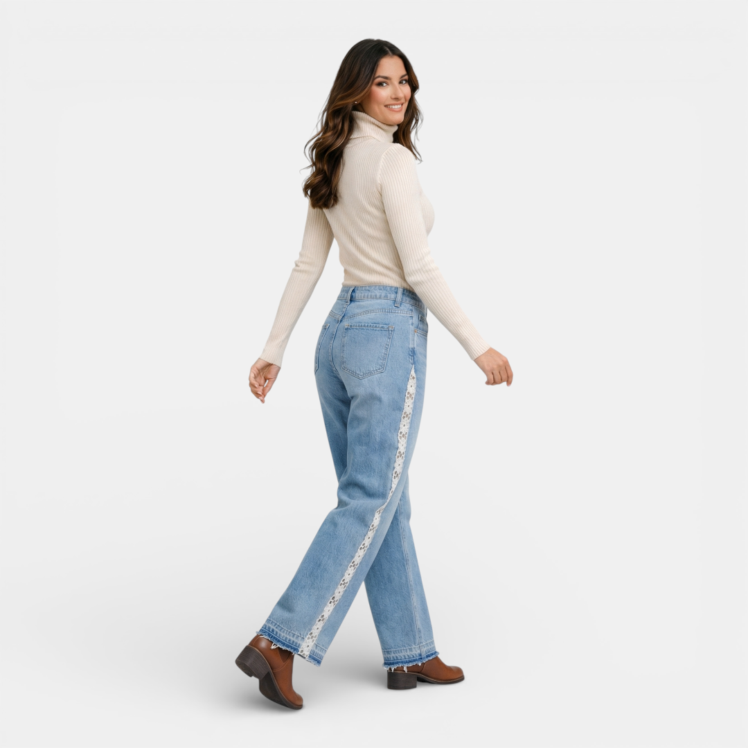Women's Jeans - High waist straight leg lace stripe - Mary Feels