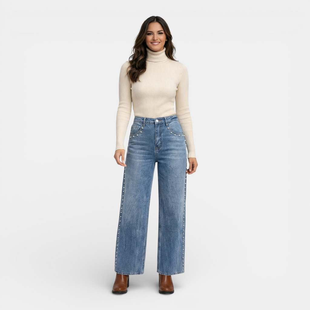 Women's Jeans - high waist wide leg pearl detailing - Mary Feels