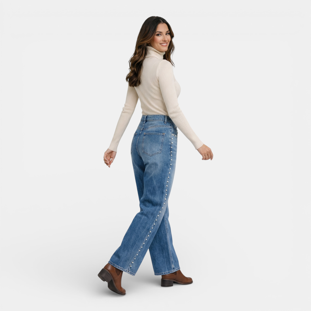 Women's Jeans - high waist wide leg pearl detailing - Mary Feels