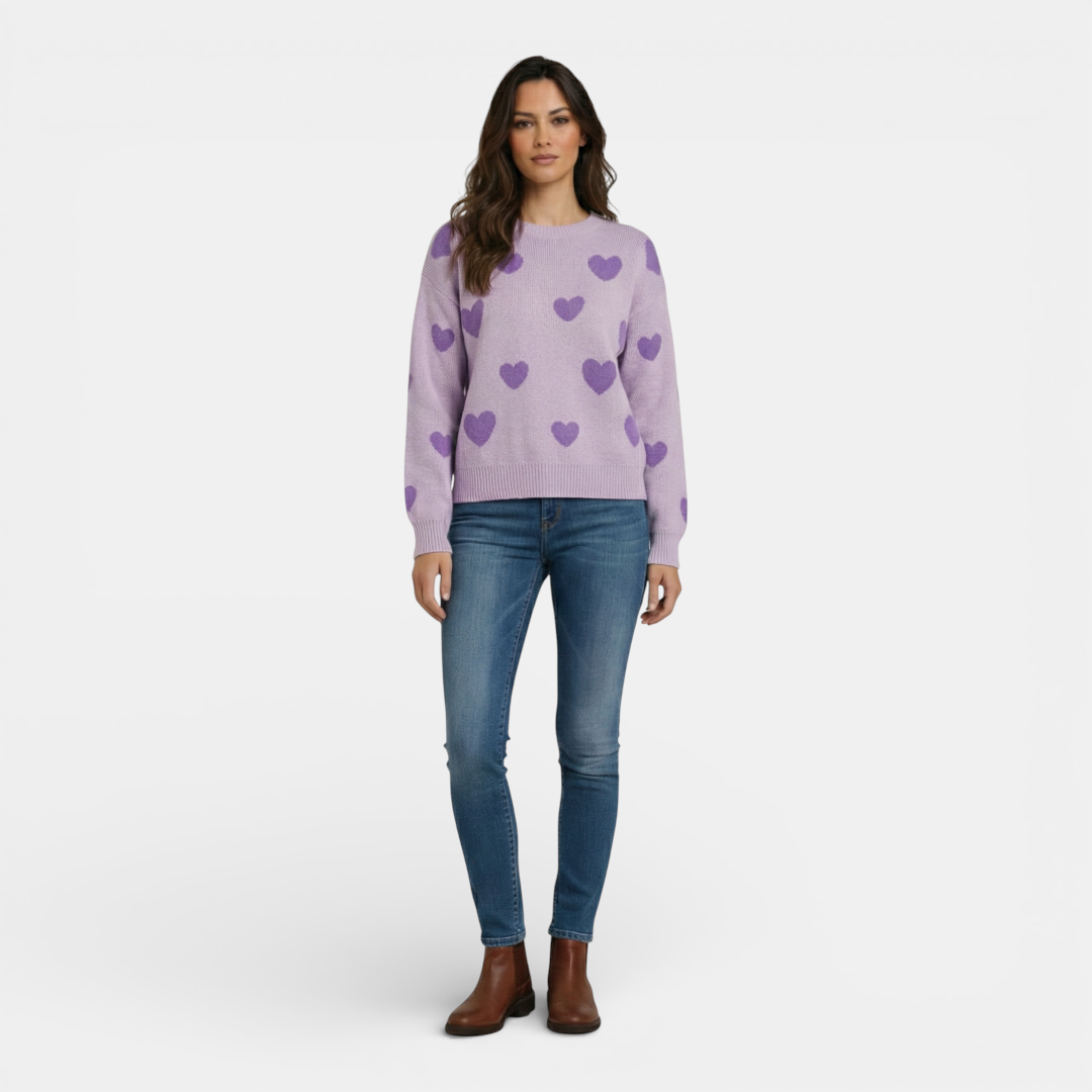 Women's Sweater - Crew Neck Oversized Fit Heart Pattern - Mary Feels