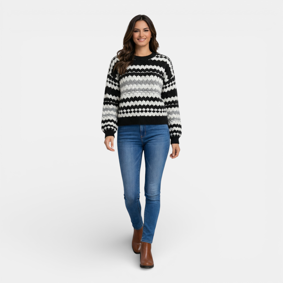 Women's Sweater - Crew Neck Relaxed Fit Geometric Pattern - Mary Feels