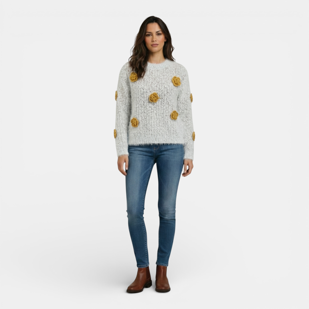 Women's Sweater - Fuzzy Knit, Crochet Flower Appliques - Mary Feels