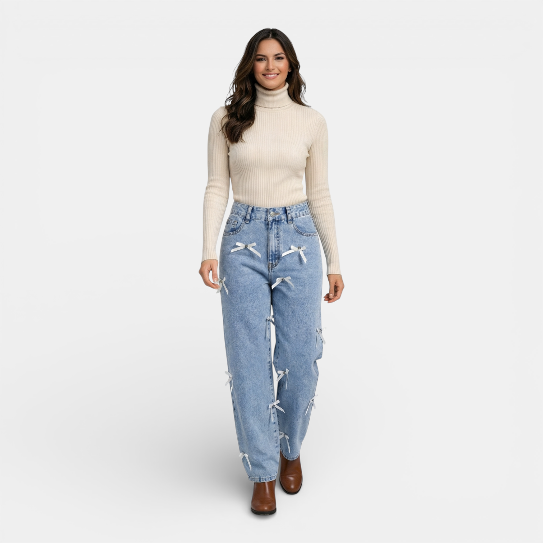 Women's Wide Leg Jeans - High Waist Ribbon Detail - Mary Feels