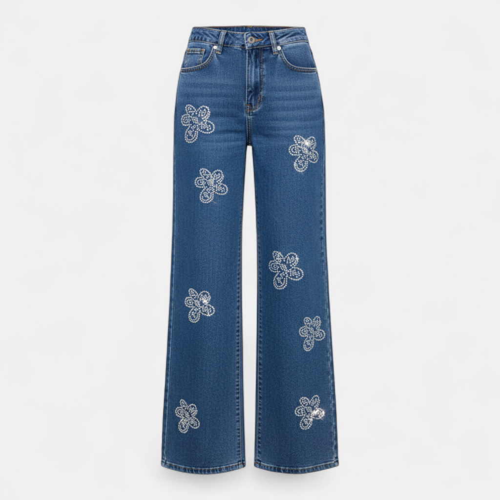 Women's Jeans - High Waist Wide Leg Rhinestone Flower Pattern - Mary Feels