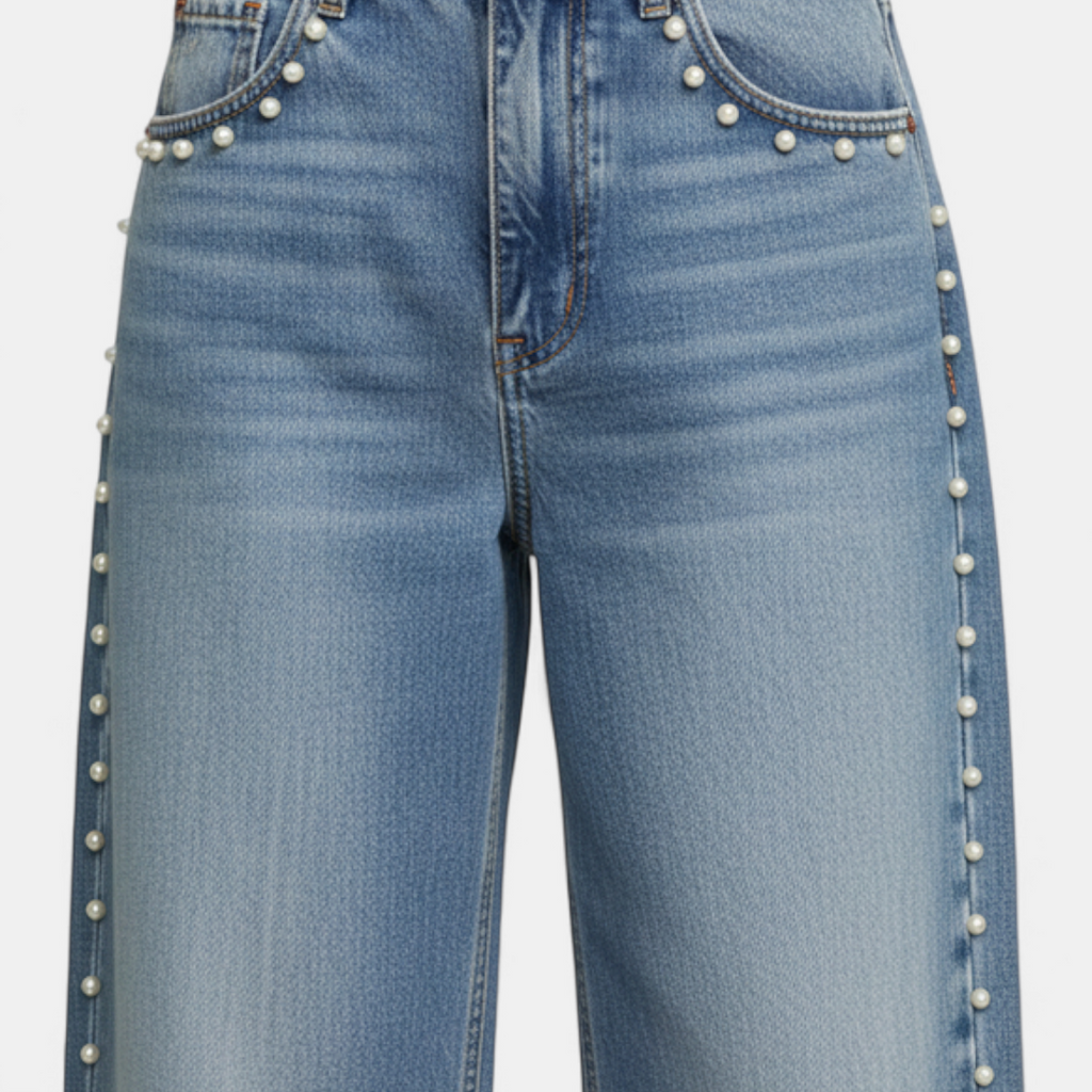 Women's Jeans - high waist wide leg pearl detailing - Mary Feels