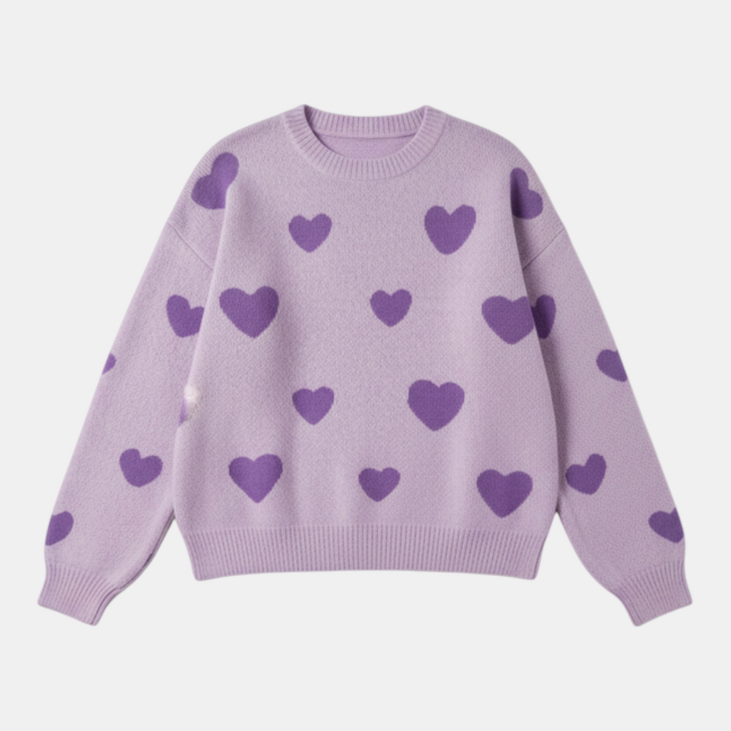 Women's Sweater - Crew Neck Oversized Fit Heart Pattern - Mary Feels