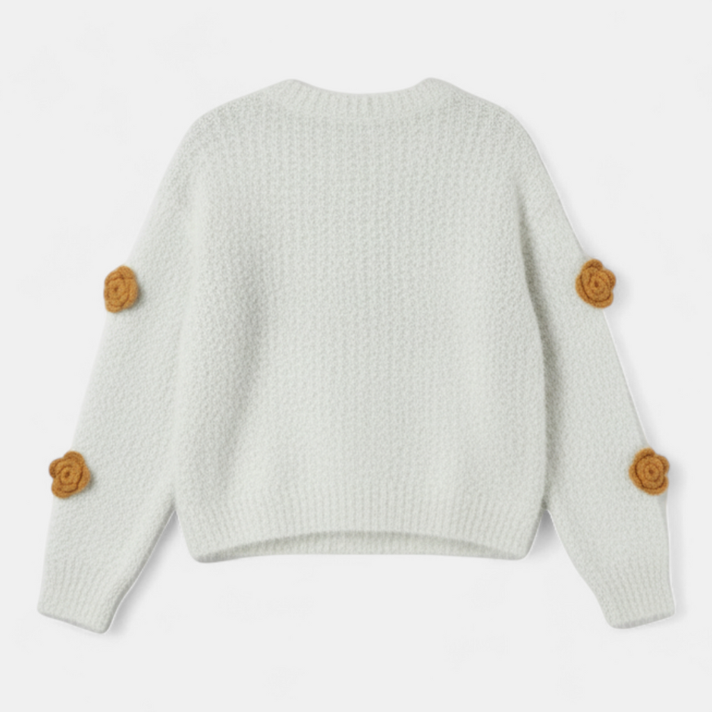 Women's Sweater - Fuzzy Knit, Crochet Flower Appliques - Mary Feels