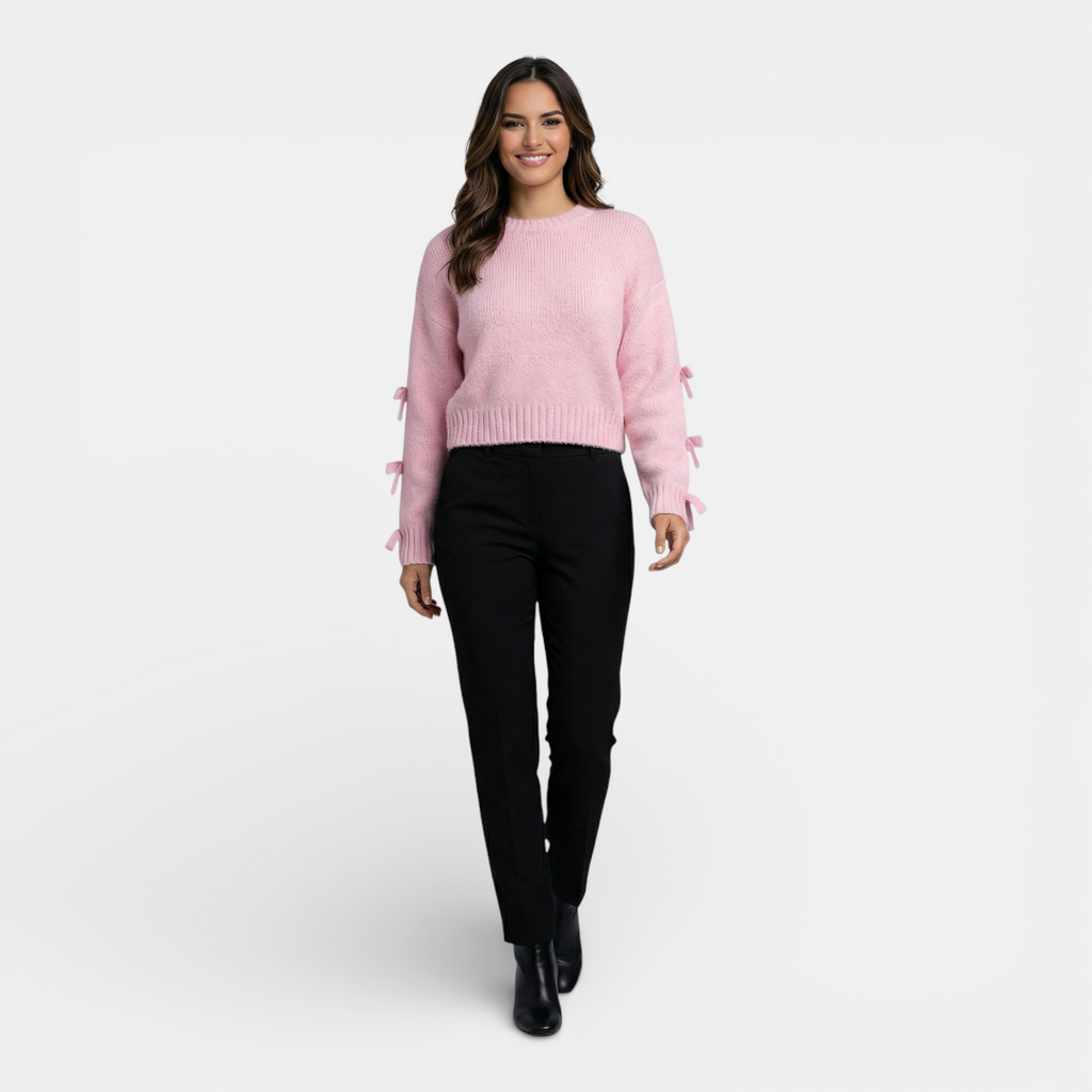 Women's cropped sweater - ribbed knit bow tie detail - Mary Feels