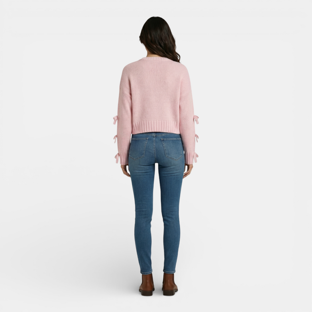 Women's cropped sweater - ribbed knit bow tie detail - Mary Feels